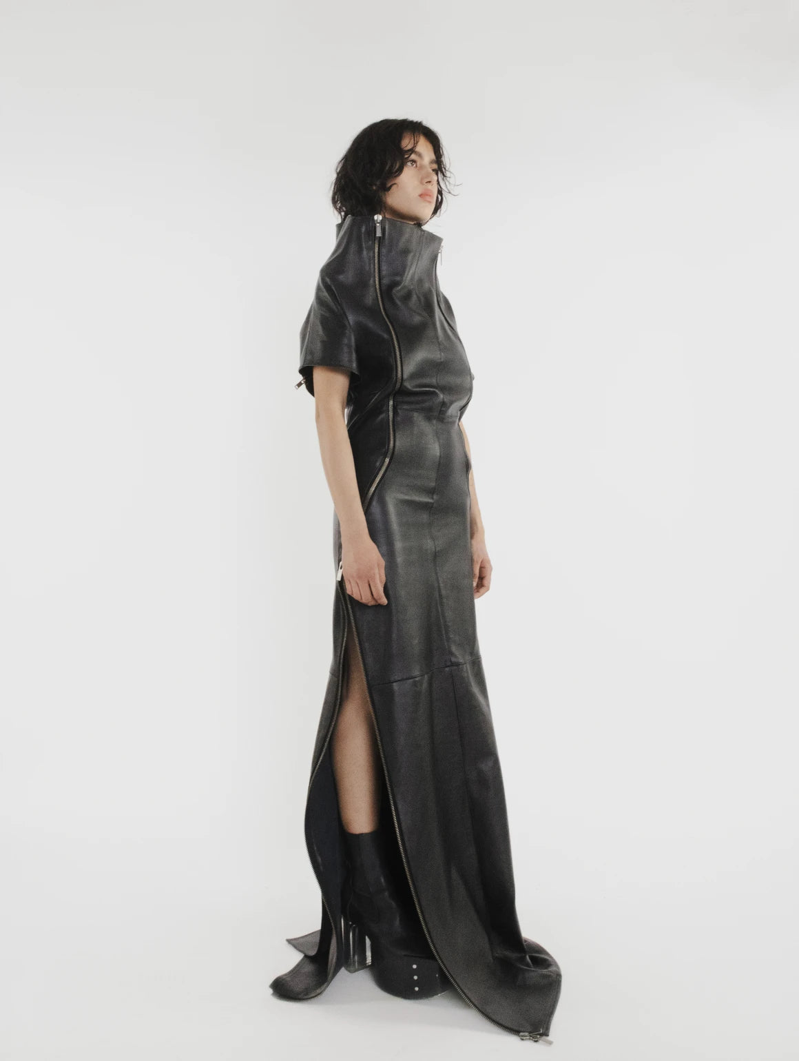 LONG COLLAR LEATHER DRESS
