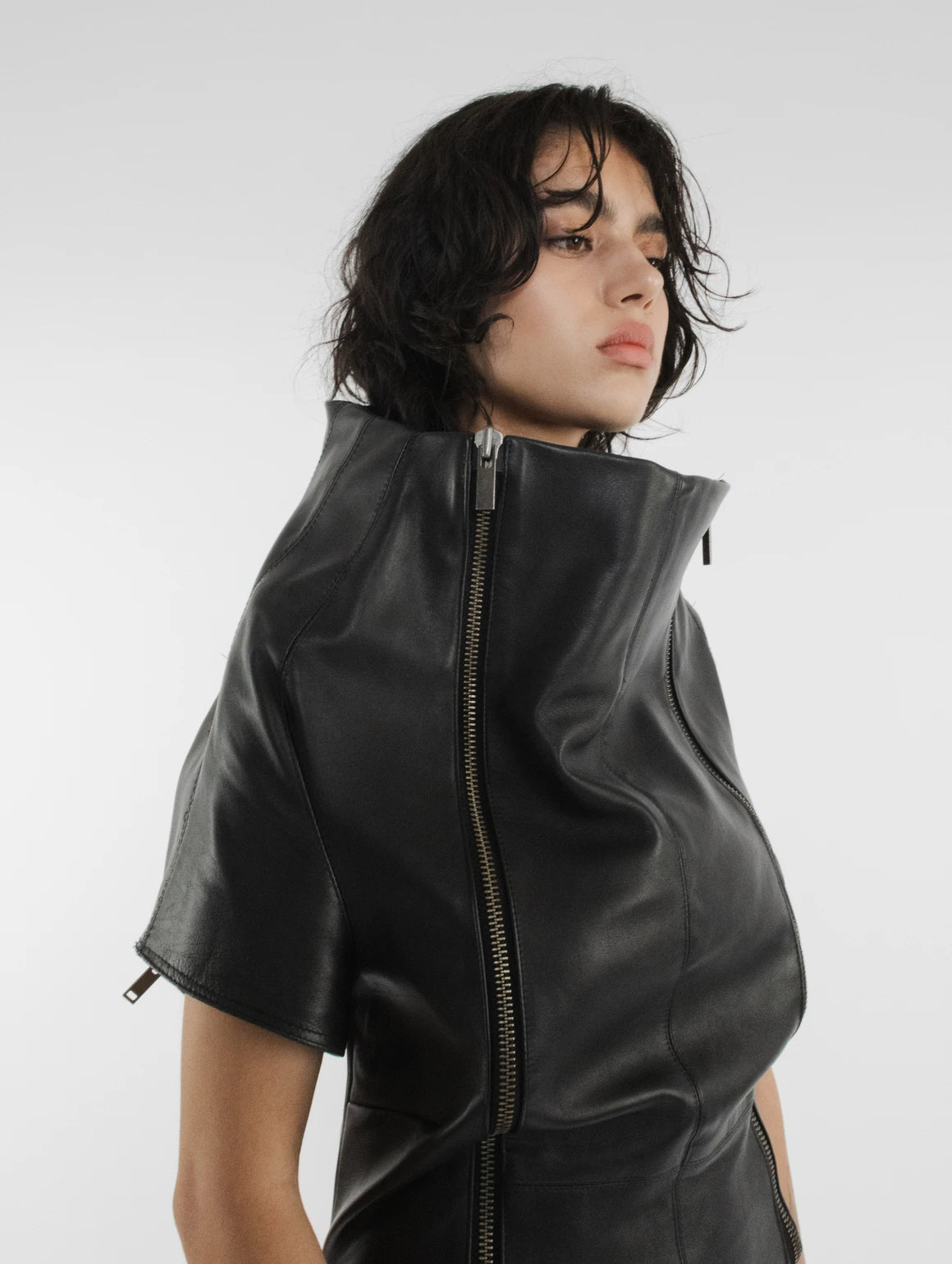 LONG COLLAR LEATHER DRESS