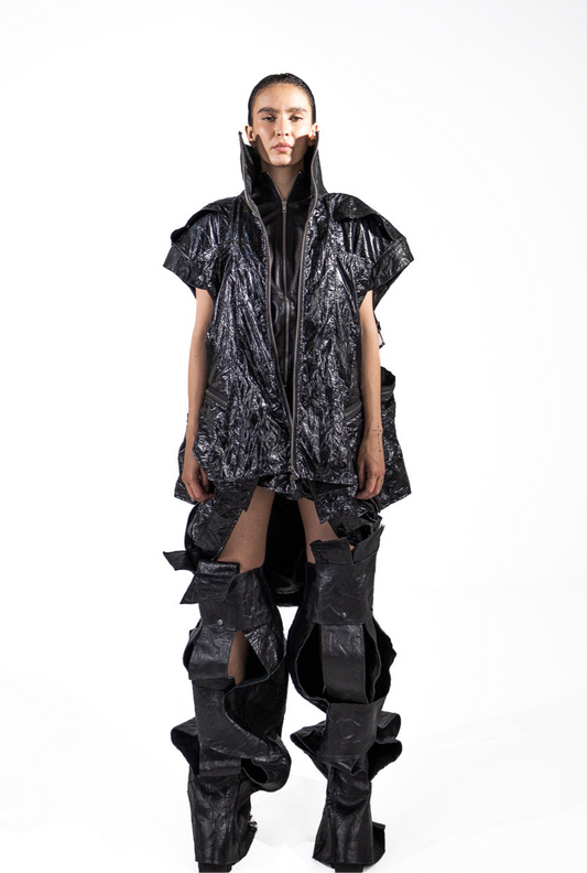 WOMEN CRINCKLE PU CROPPED DOUBLE VEST