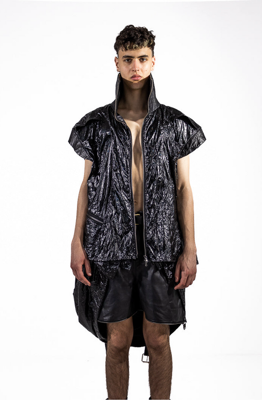 MEN CRINCKLE PU CROPPED DOUBLE VEST
