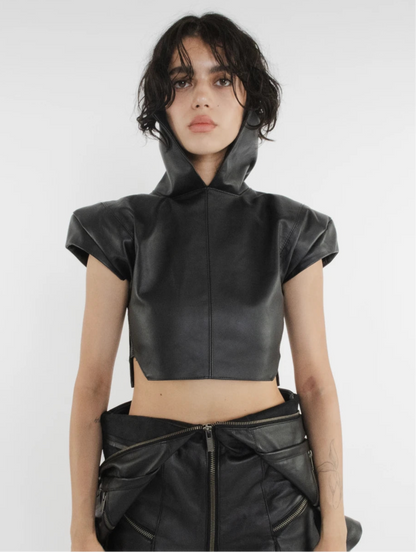 WOMEN LEATHER COLLAR TOP
